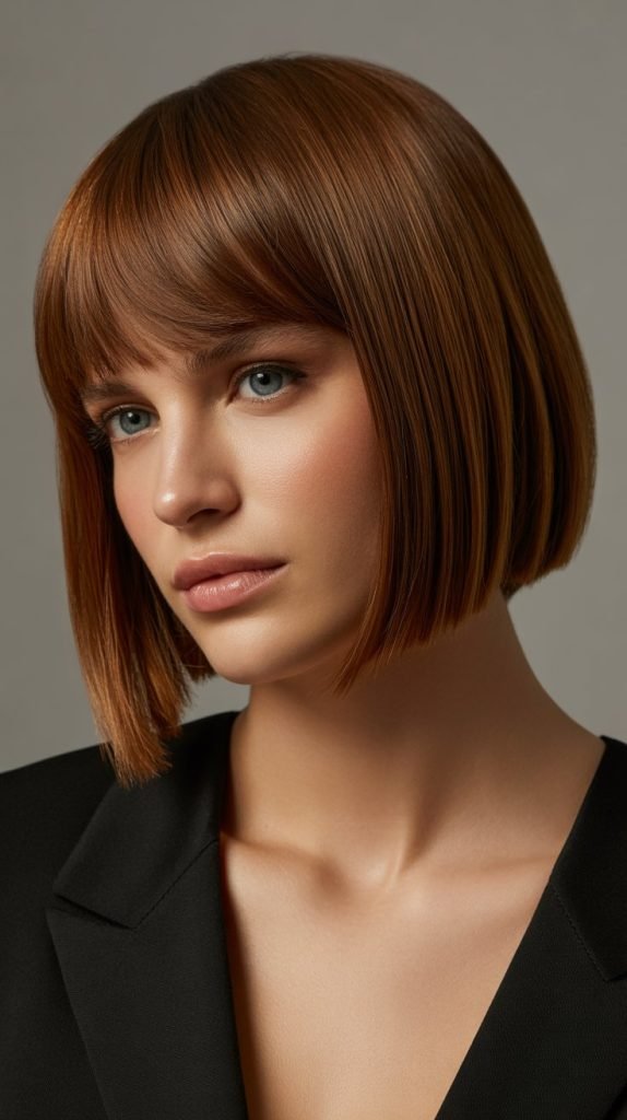 . Polished Long Bob with Tapered Curtain Bangs