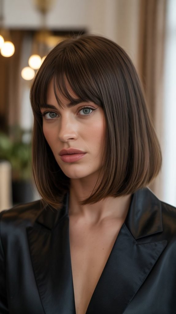 13. Polished Long Bob with Precise Curtain Bangs