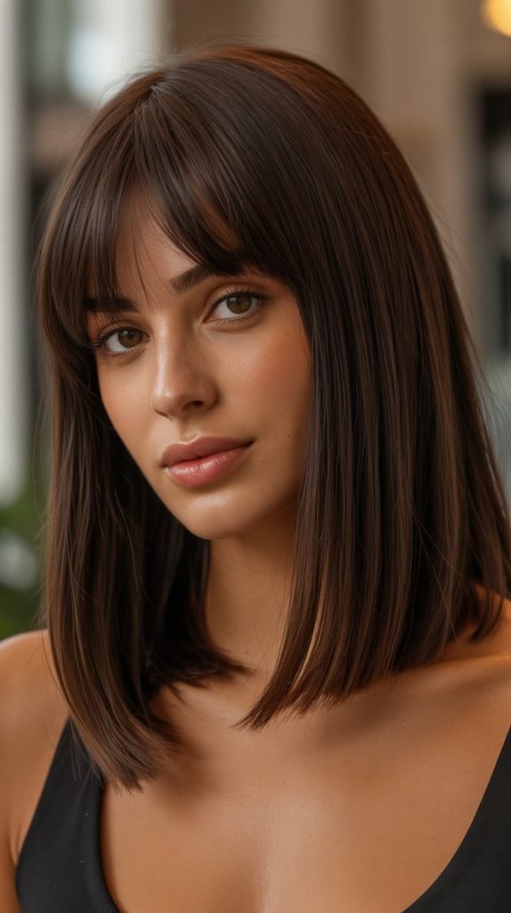 Long Bob with Curtain Bangs and Chocolate Brown Color