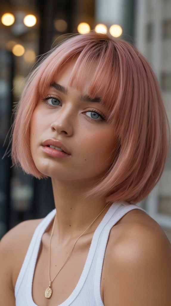 18. Rose Gold Blonde Bob with Curtain Bangs