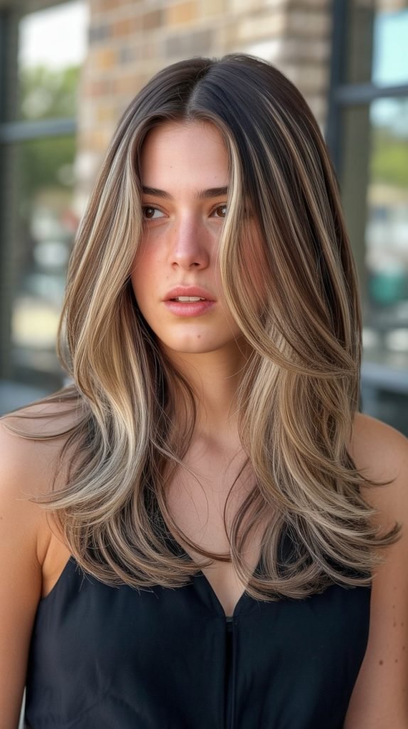 33. Long Angled Layers with Balayage Dimension