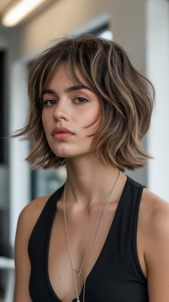 14. Shaggy Long Bob with Textured Bangs