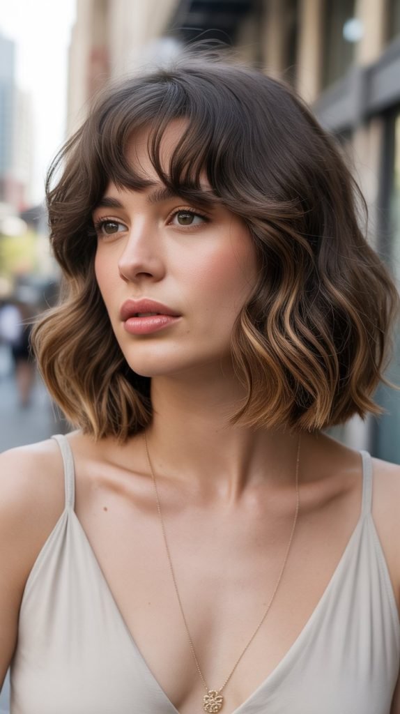 22. Wavy Long Bob with Full Bangs