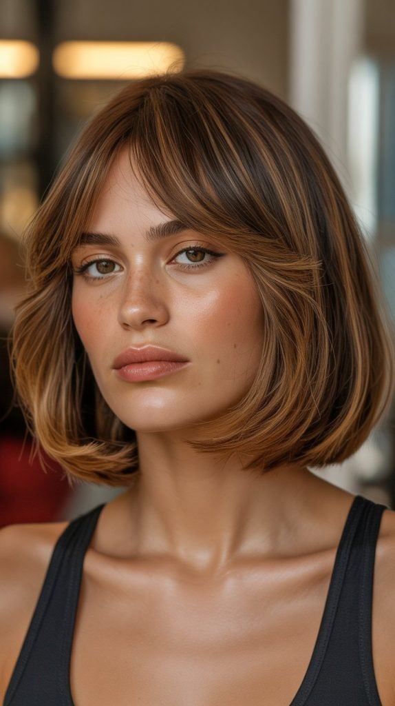 Caramel Long Bob with Curtain Bangs