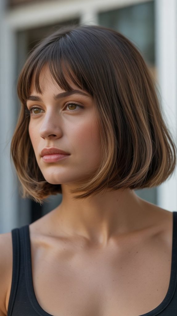 Inverted Bob with Curtain Bangs for Round Faces