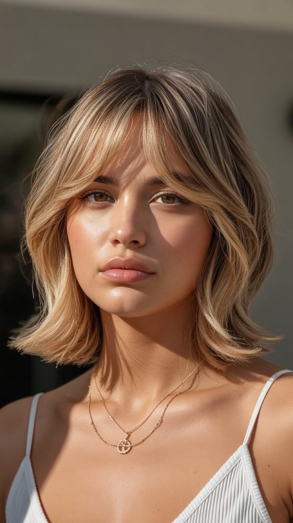 27. Textured Lob with Curtain Bangs and Honey Blonde