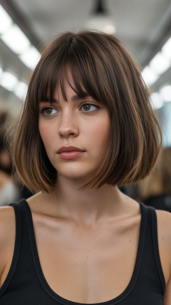 3. Long Bob with Blunt Bangs and Internal Layers