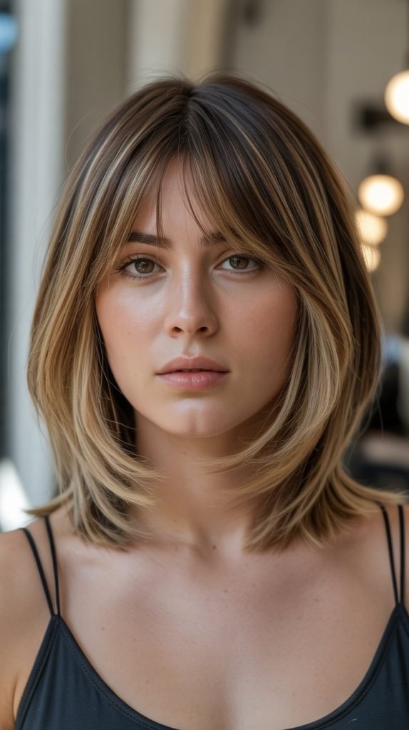 15. Long Bob with Long Bangs and Highlights