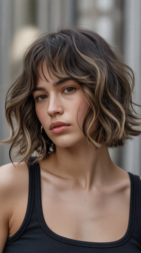  Piecey Long Bob with Textured Curtain Bangs