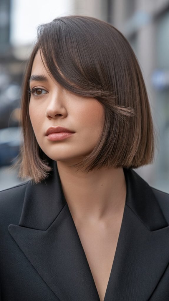 Side-Parted Long Bob with Swept Curtain Bangs