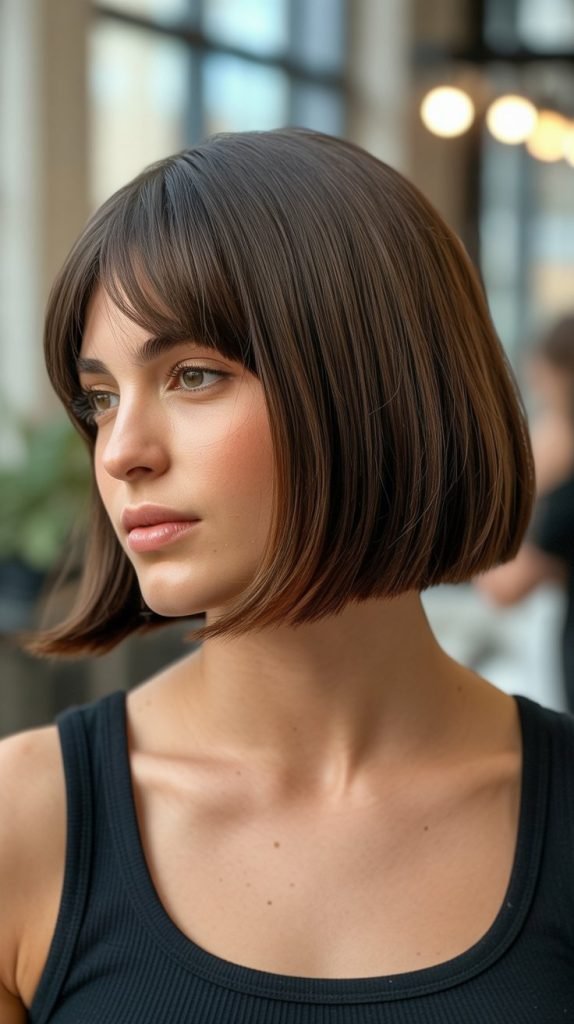 Angled Long Bob with Graduated Curtain Bangs