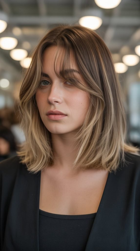 13. Long Bob with Curtain Bangs and Balayage