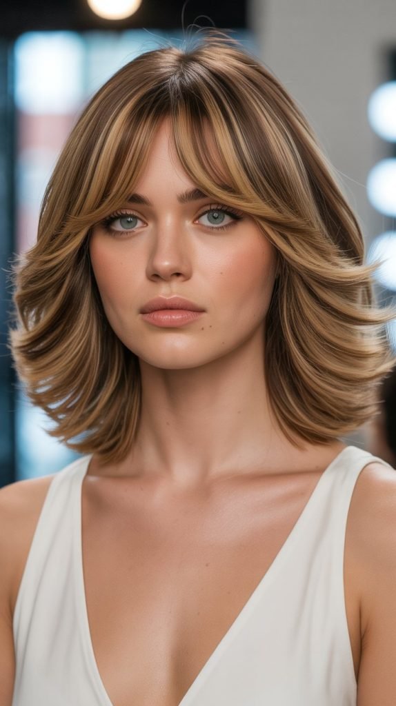 Blowout Long Bob with Voluminous Curtain Bangs