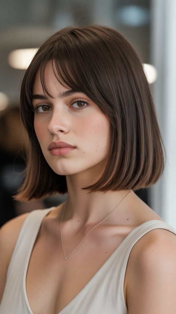 Sleek Long Bob with Baby Curtain Bangs