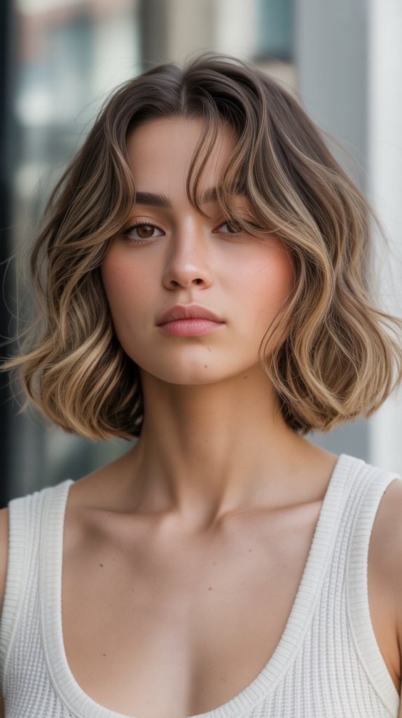 2. Textured Long Bob with Wispy Curtain Bangs