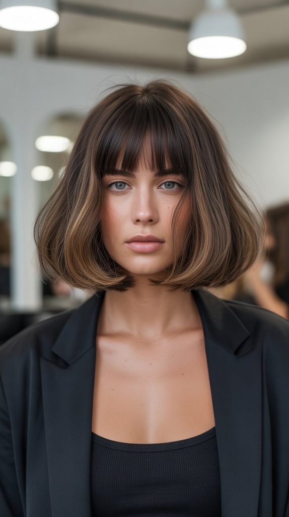 Blunt Long Bob with Thick Curtain Bangs