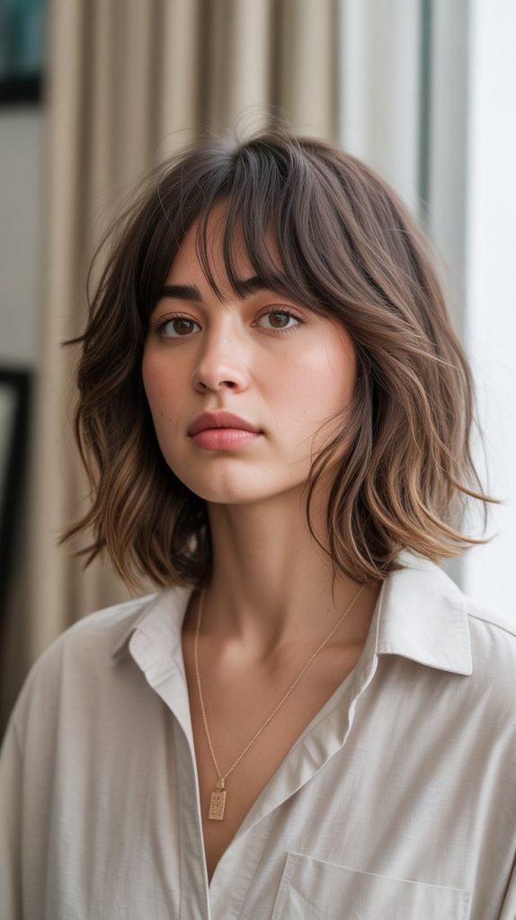  Tousled Long Bob with Messy Curtain Bangs