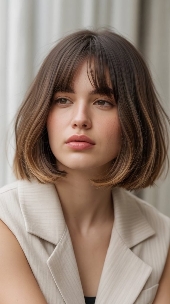 20. Long Bob with Brow-Skimming Wispy Bangs
