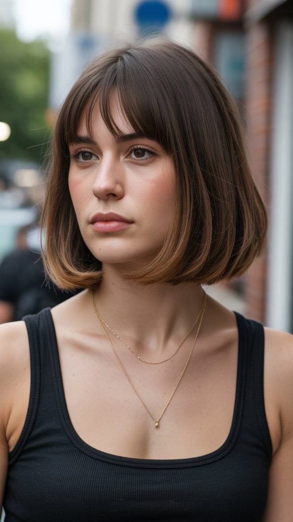 16. Long Bob with Curtain Bangs for Round Face