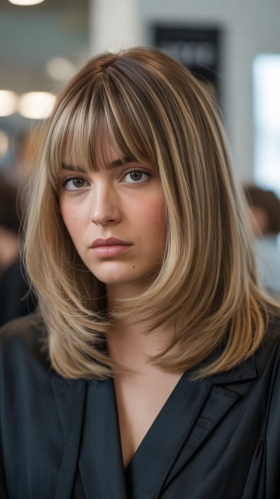 30. Long Bob with Angled Bangs and Highlights