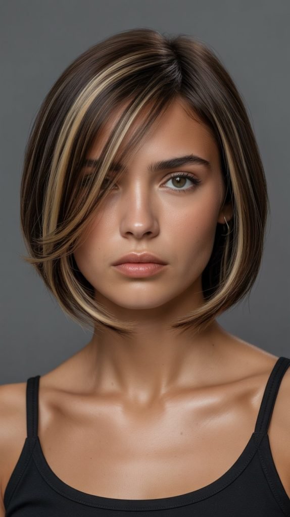  Sleek Asymmetrical Long Bob with Side-Swept Curtain Bangs