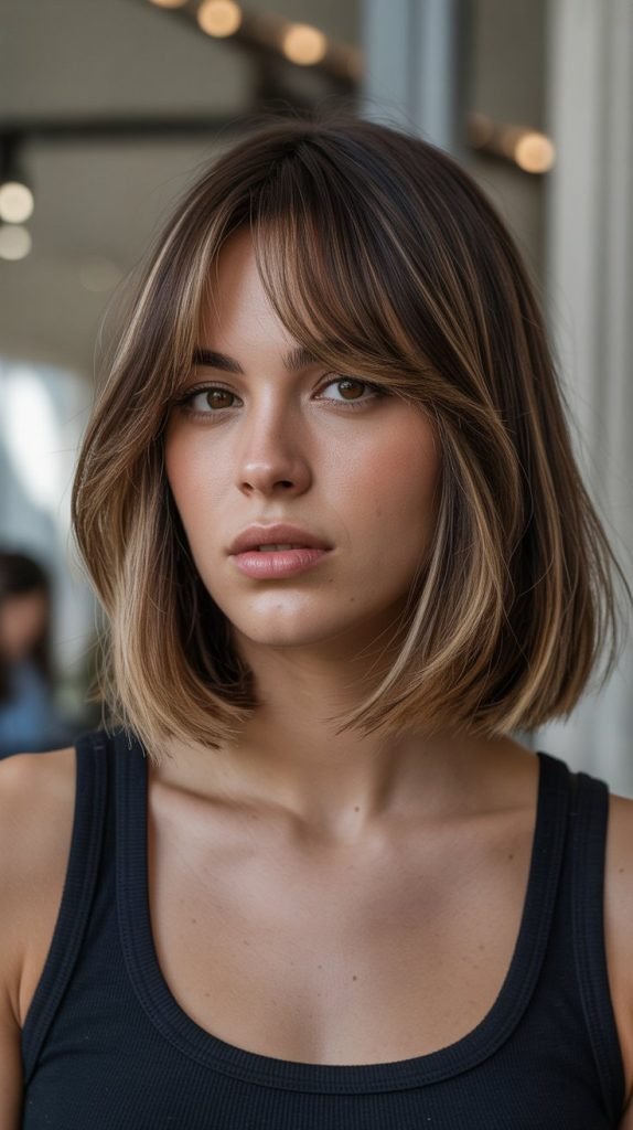  Long Bob with Curtain Bangs and Lowlights