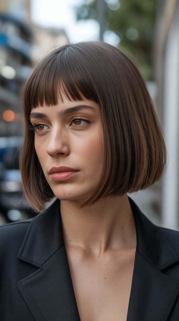 11. Graduated Long Bob with Straight-Across Bangs