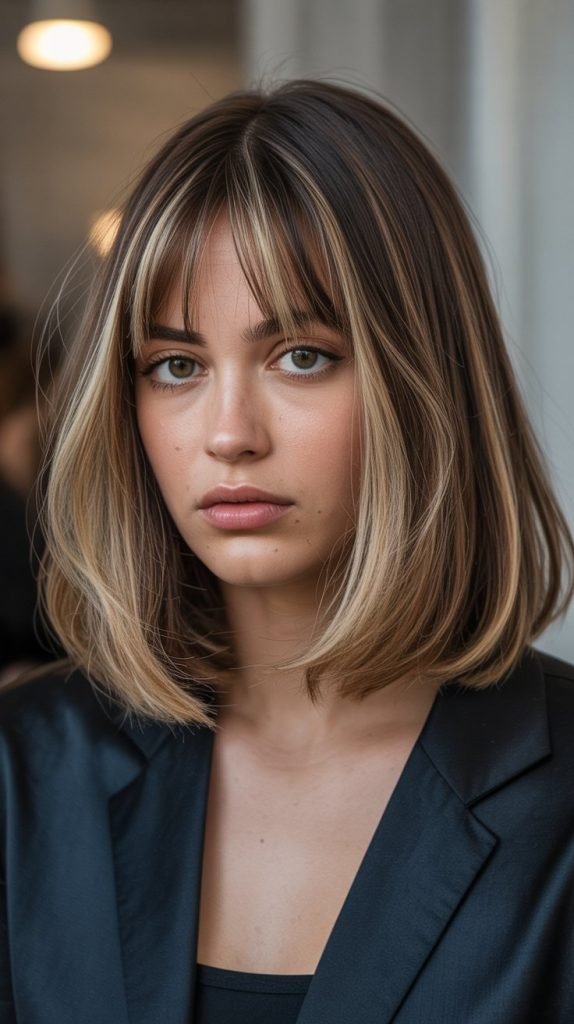 Long Bob with Curtain Bangs and Ribbon Highlights