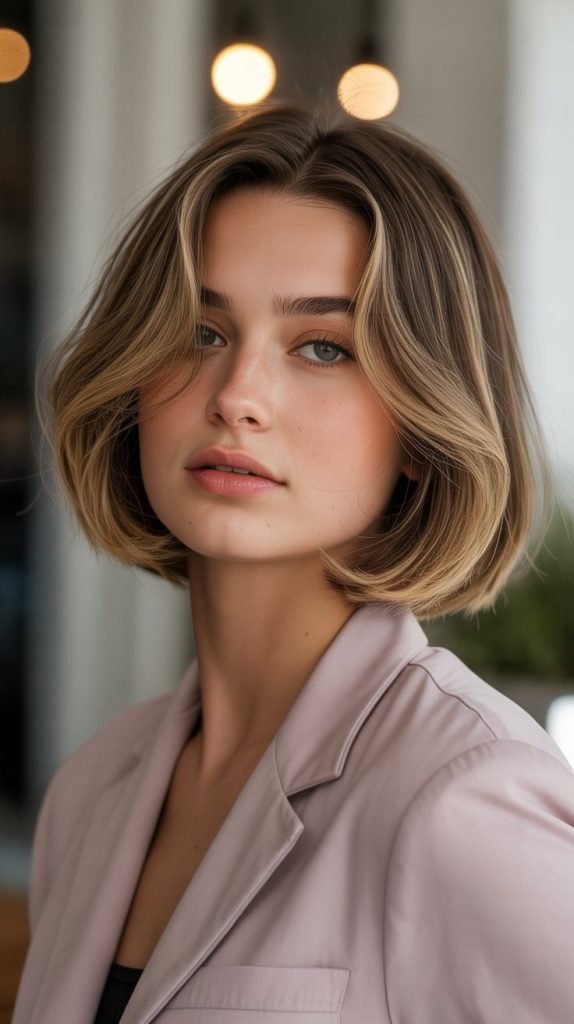  Rounded Long Bob with Curved Curtain Bangs