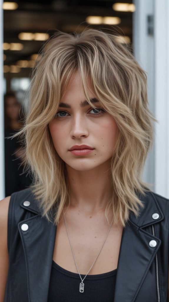 6. Layered Long Bob with Choppy Bangs