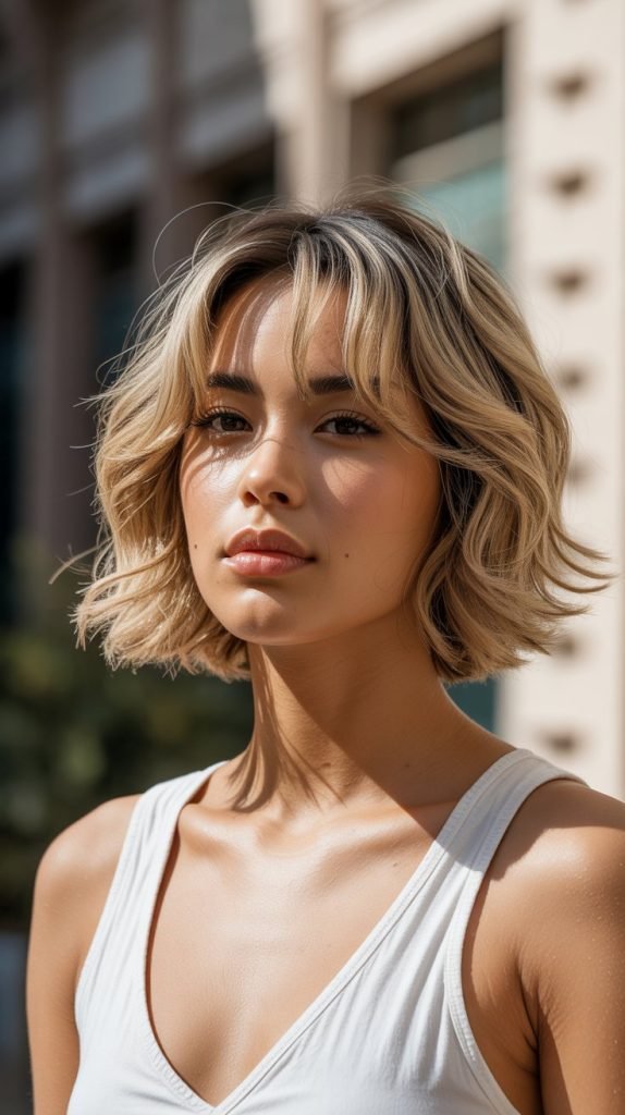 10. Sandy Blonde Bob with Graduated Curtain Bangs