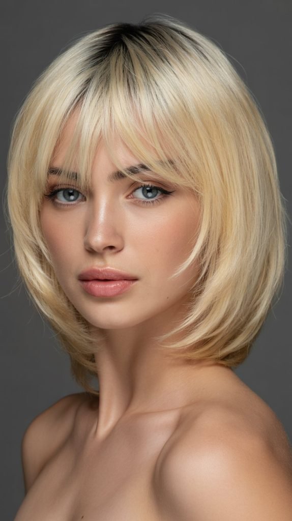30. Glossy Long Bob with Feathered Micro Bangs