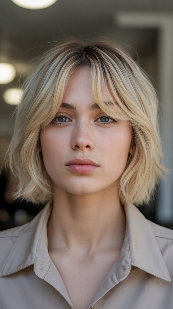 1. Classic Shoulder-Length Blonde Bob with Soft Curtain Bangs