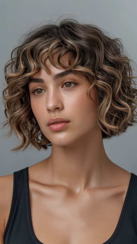 1. Classic Shoulder-Length Curly Bob with Soft Curtain Bangs