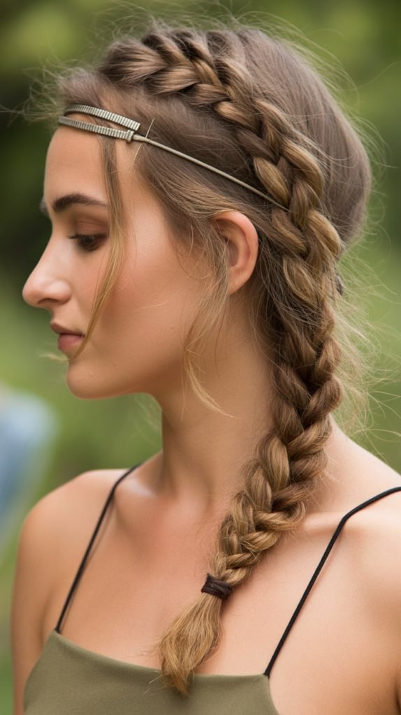 18. Side Fishtail Braid with Thin Metal Headband