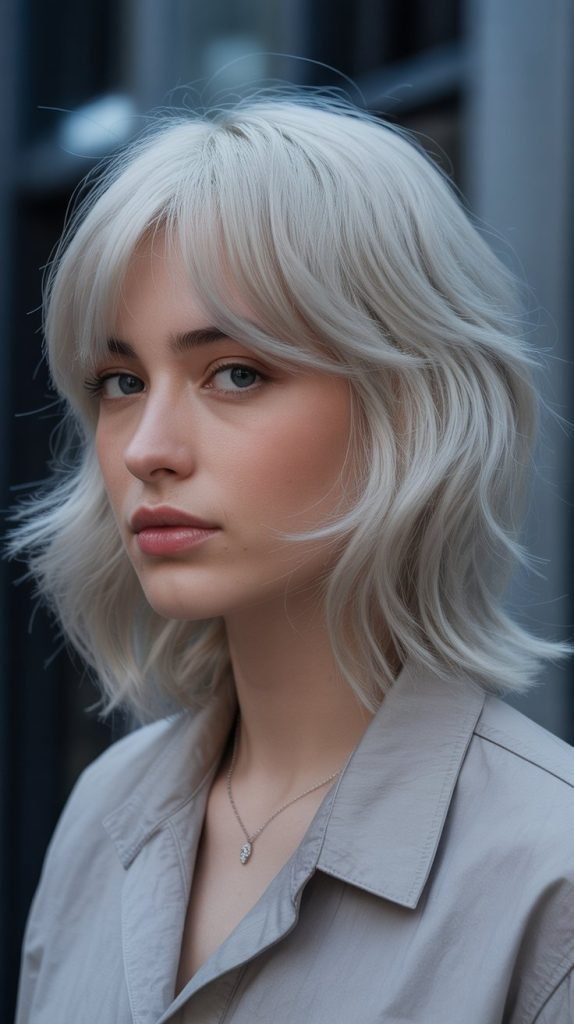 Silver Blonde Bob with Curtain Bangs