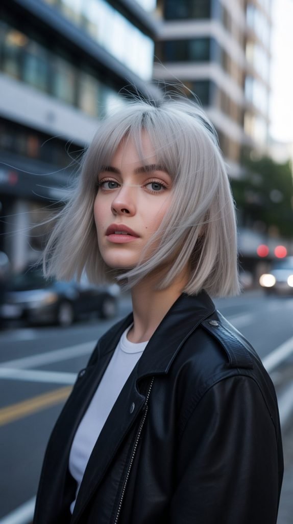 16. Silver Blonde Bob with Curtain Bangs