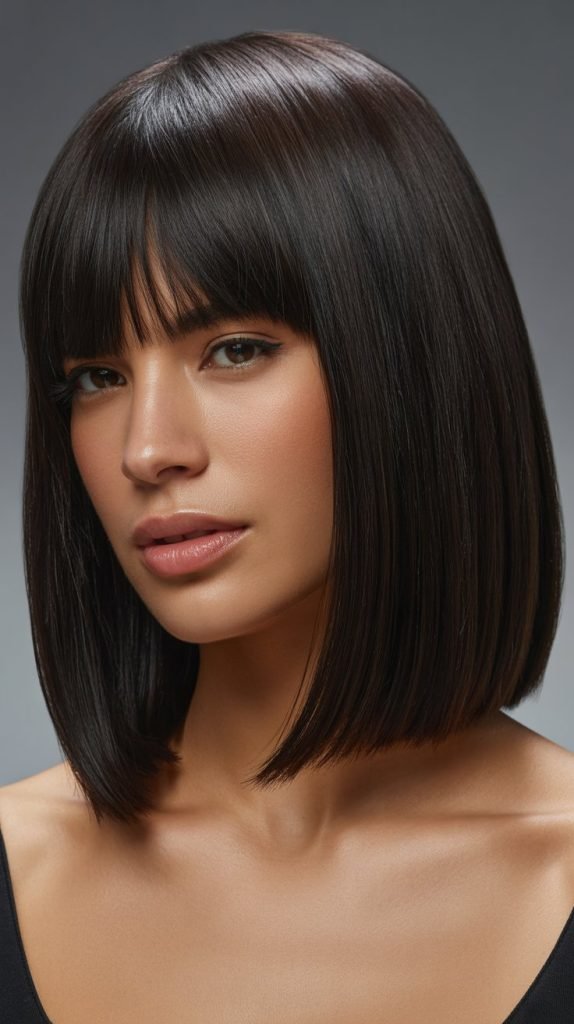 Sleek Angled Long Bob with Blunt Curtain Bangs