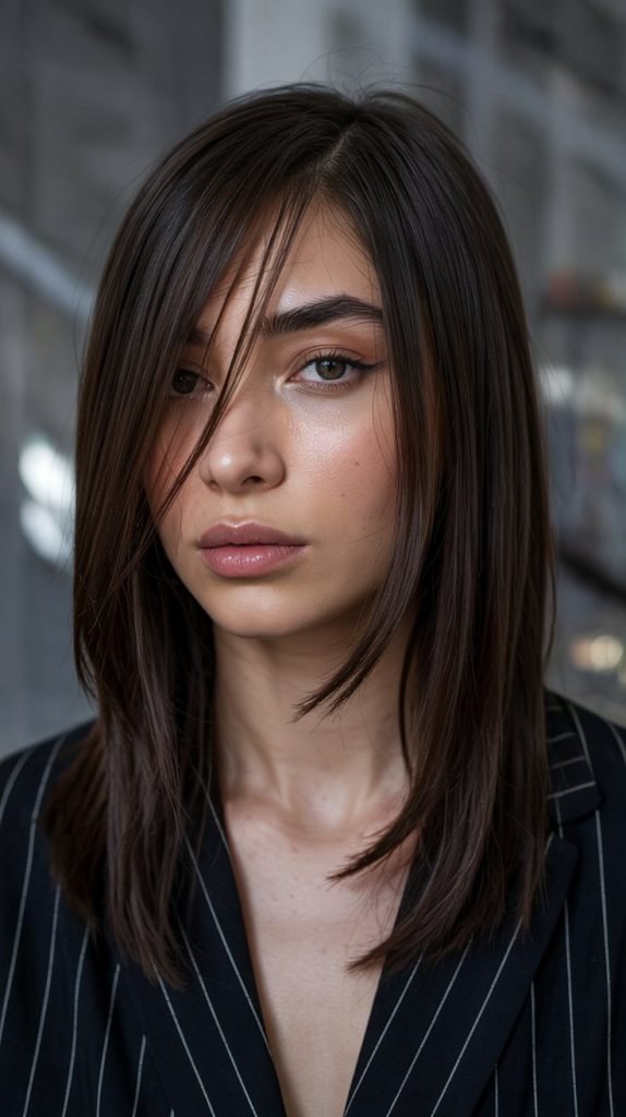 Angled Long Bob with Side-Swept Bangs