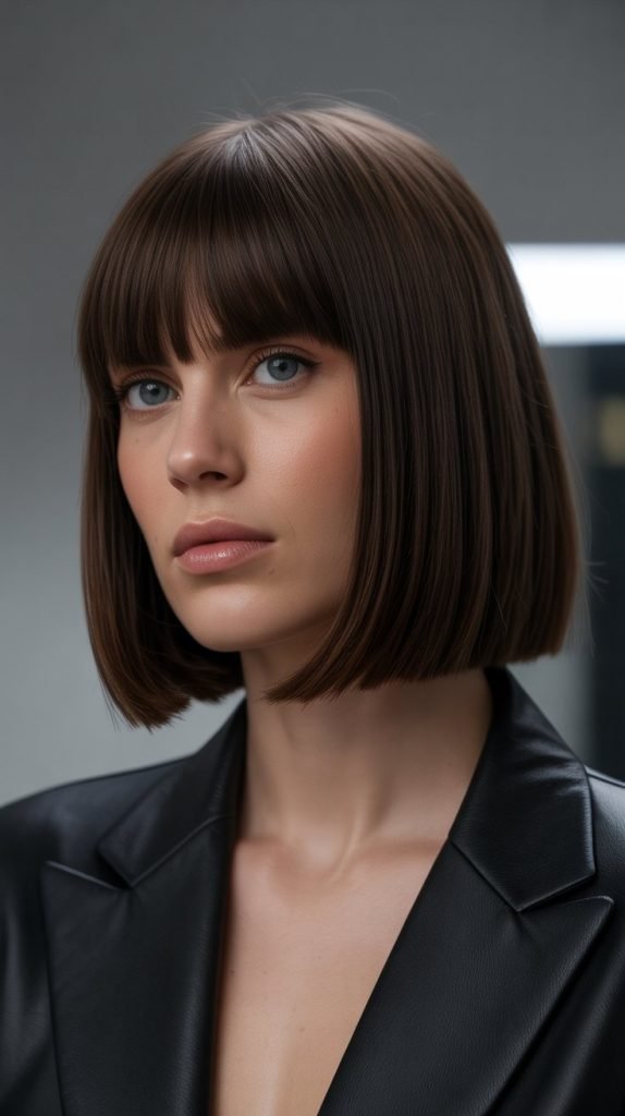 3. Sleek Long Bob with Blunt Curtain Bangs