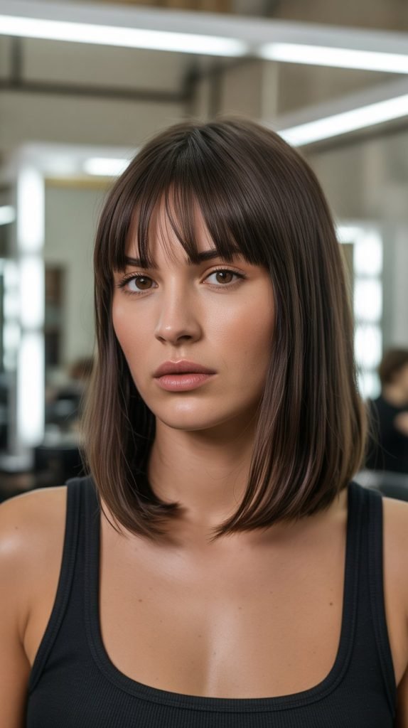 6. Sleek Long Bob with Textured Curtain Bangs