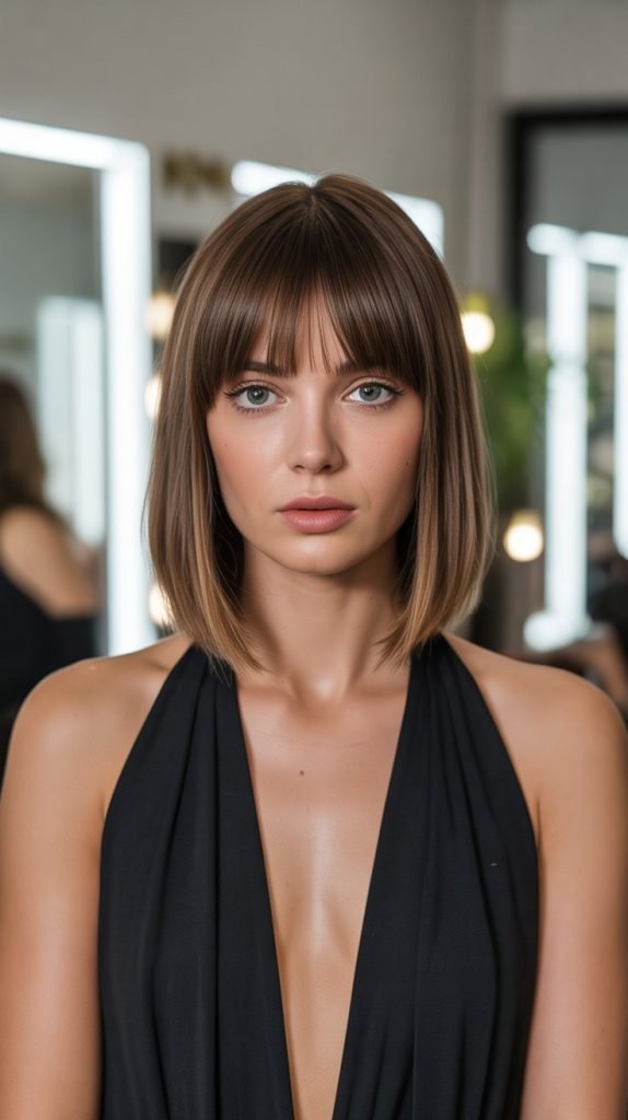  Sleek Lob with Polished Curtain Bangs