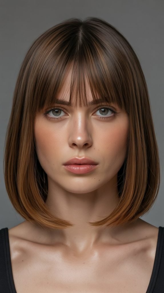 4. Sleek Long Bob with Center-Parted Curtain Bangs