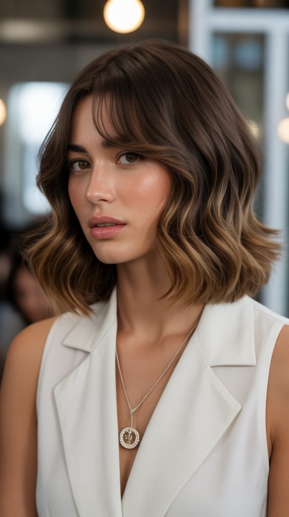 5. Sleek Wavy Long Bob with Curtain Bangs