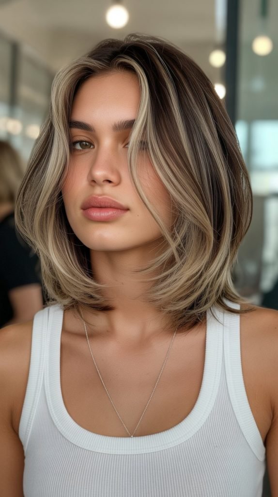 20. Soft Layered Long Bob with Babylights