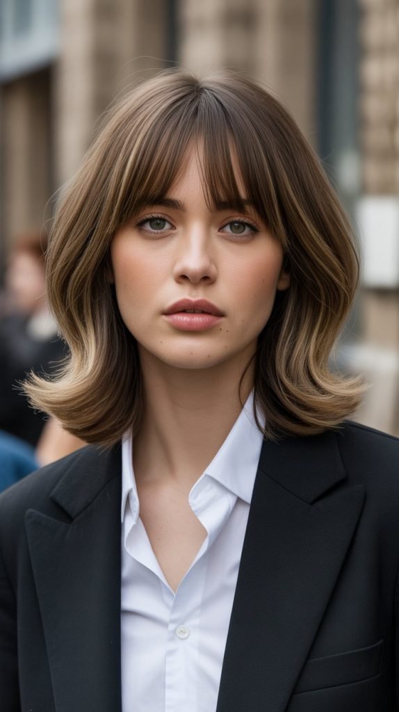 7. Soft Layered Long Bob with Curtain Bangs