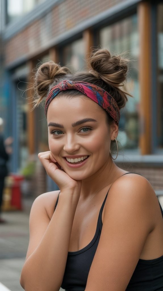 14. Space Buns with Patterned Headband