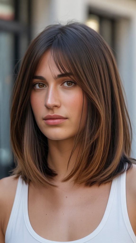 Long Bob with Curtain Bangs and Dimensional Brunette