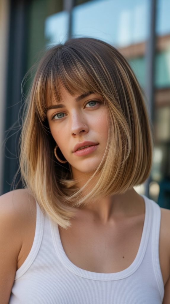 Long Bob with Curtain Bangs and Face-Framing Balayage