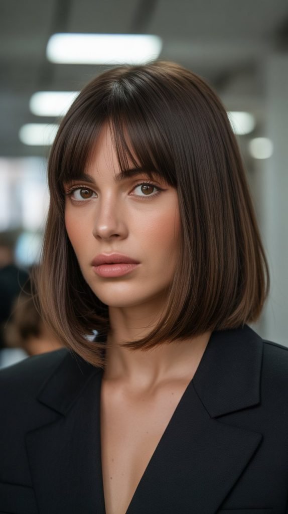 8. Sleek Long Bob with Curtain Bangs and Middle Part